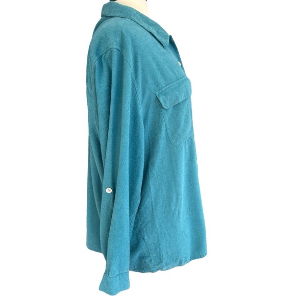 Vtg Y2K Park Central Brushed Silk Button Up Roll Tab Teal Top Size XXL Safari - Picture 3 of 9